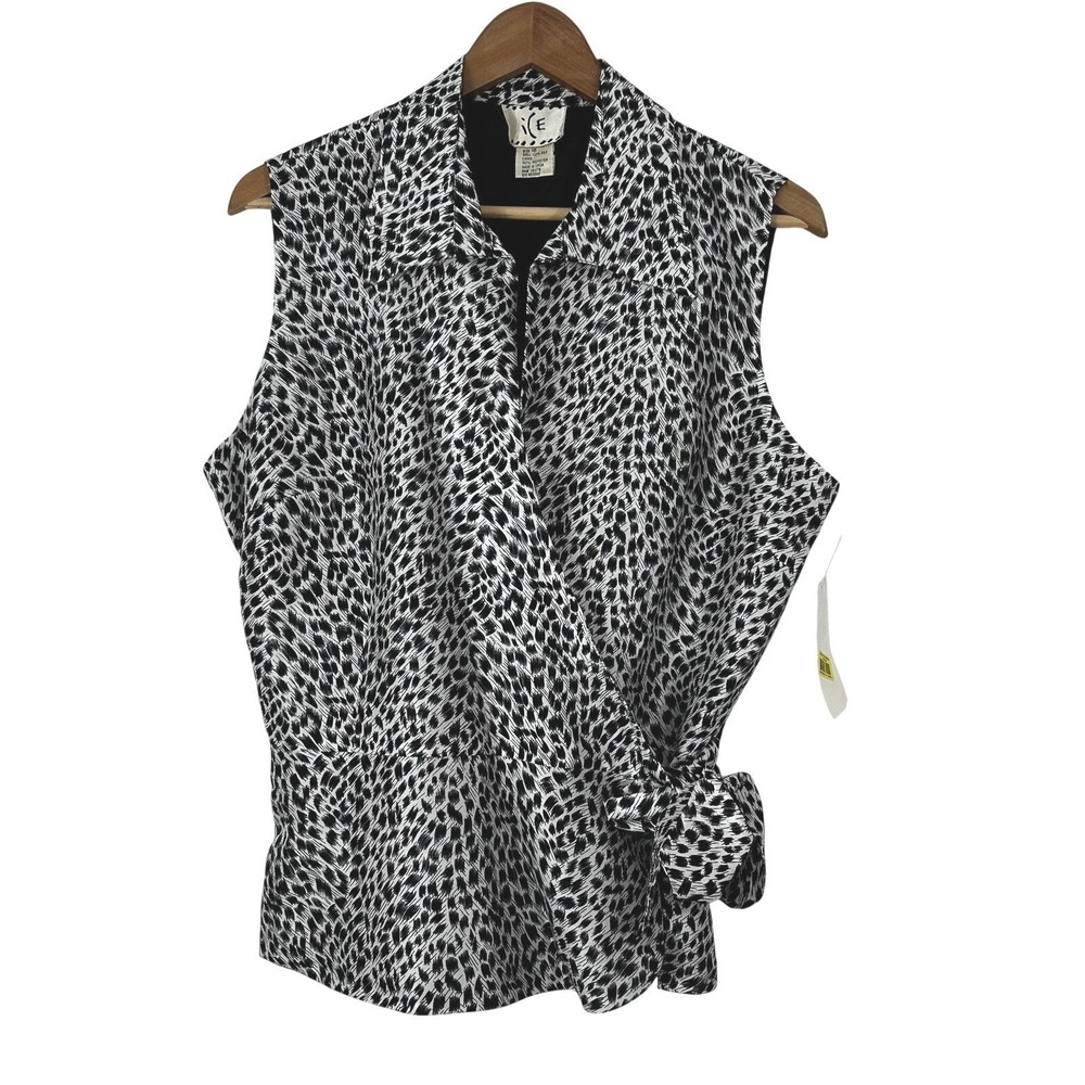 Vintage ICE 100% Silk Wrap Top 16 Tie-Waist Sleeveless 80s Black‎ White Career